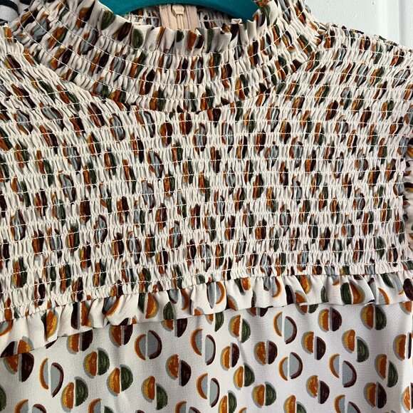 THML Anthropologie Smocked Cream Geometric Pattern Blouse Ruffle Sleeve Size L - Picture 7 of 8